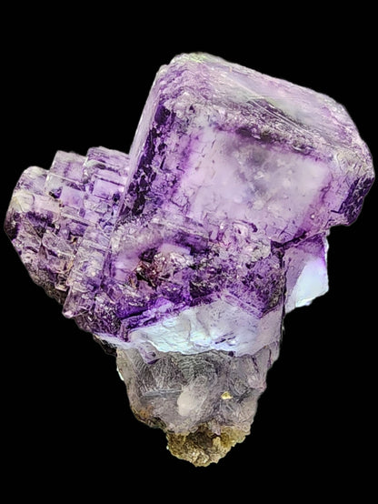 A display on a dark background features a cluster of vivid cubic crystals, revealing clear phantoms and intricate detailing with some pale areas. The beveled cubes of Fluorite from Larkin's Quarry in Galway County, Ireland, add a fascinating depth to this flashy color spectacle. This piece is part of The Crystalary's collection (sku3000).