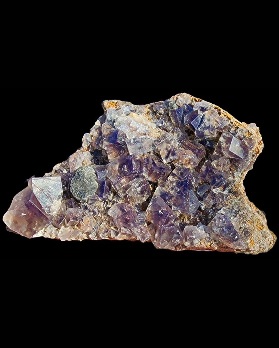 Presenting a remarkable cabinet piece from The Crystalary, this cluster of fluorite crystals features an array of violet hues and striking cubic shapes. Originating from the Smoky Rabbit Pocket at the Diana Maria Mine in Frosterley, Weardale, Co. Durham, England (sku3014), these crystals are beautifully contrasted against a dark backdrop with glimpses of brown matrix rock adding character to their rough texture.