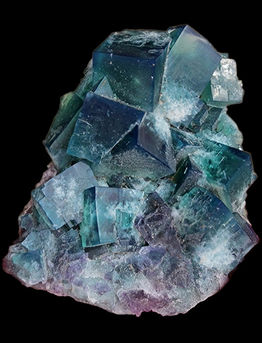 A collection of large, sharp, transparent fluorite crystals from the Greedy Hog pocket at the renowned Diana Maria Mine in Co Durham, UK is featured by The Crystalary. This piece showcases a captivating array of colors ranging from deep blue to light green with a glassy texture set against a black background. Product SKU: 3063.