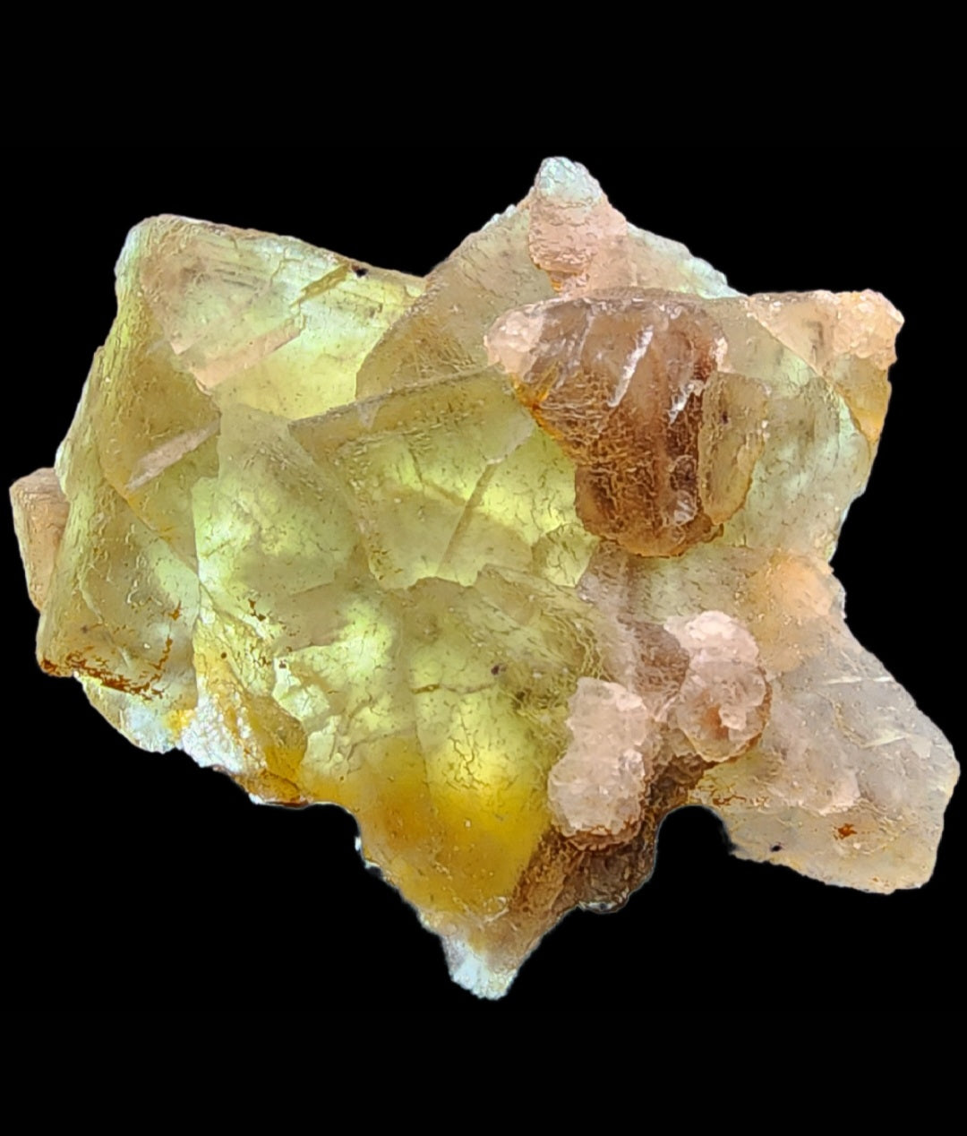 A specimen from The Crystalary's Fluorite collection, SKU 3080, displays translucent yellowish-green hues with subtle brown and white accents set against a black background. This piece from the Heißer Stein Mine in Stulln, Schwandorf District, Bavaria exhibits layered cubic crystals that reveal their natural geometry.