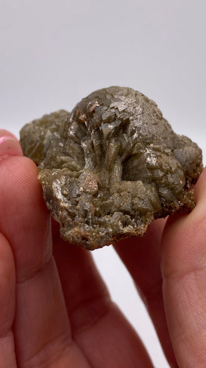 Close-up of a person holding The Crystalary's brown, fibrous Adamite specimen from the Ojuela Mine in Mapimí, Durango, Mexico. The mineral has a rough texture with radial, needle-like formations extending from a central point. The background is plain white.