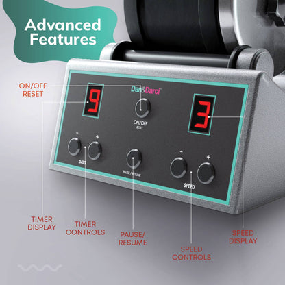 A close-up of the control panel on the Dan&Darci Advanced Rock Tumbler machine showcases its sophisticated features. The panel includes a display indicating 9 days, a speed setting of 3, on/off reset buttons, timer controls, a pause/resume button, and speed controls. The text "Advanced Features" is prominently displayed along with the brand name "Dan&Darci.