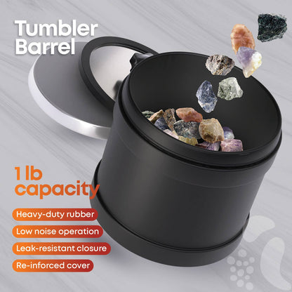 Image of a black Advanced Rock Tumbler barrel by Dan&Darci, filled with various unpolished rocks. Text overlay includes "Advanced Rock Tumbler," "1 lb capacity," "Heavy-duty rubber," "Low noise operation," "Leak-resistant closure," and "Re-inforced cover." A partially closed lid is visible, ideal for every rock tumbling enthusiast.