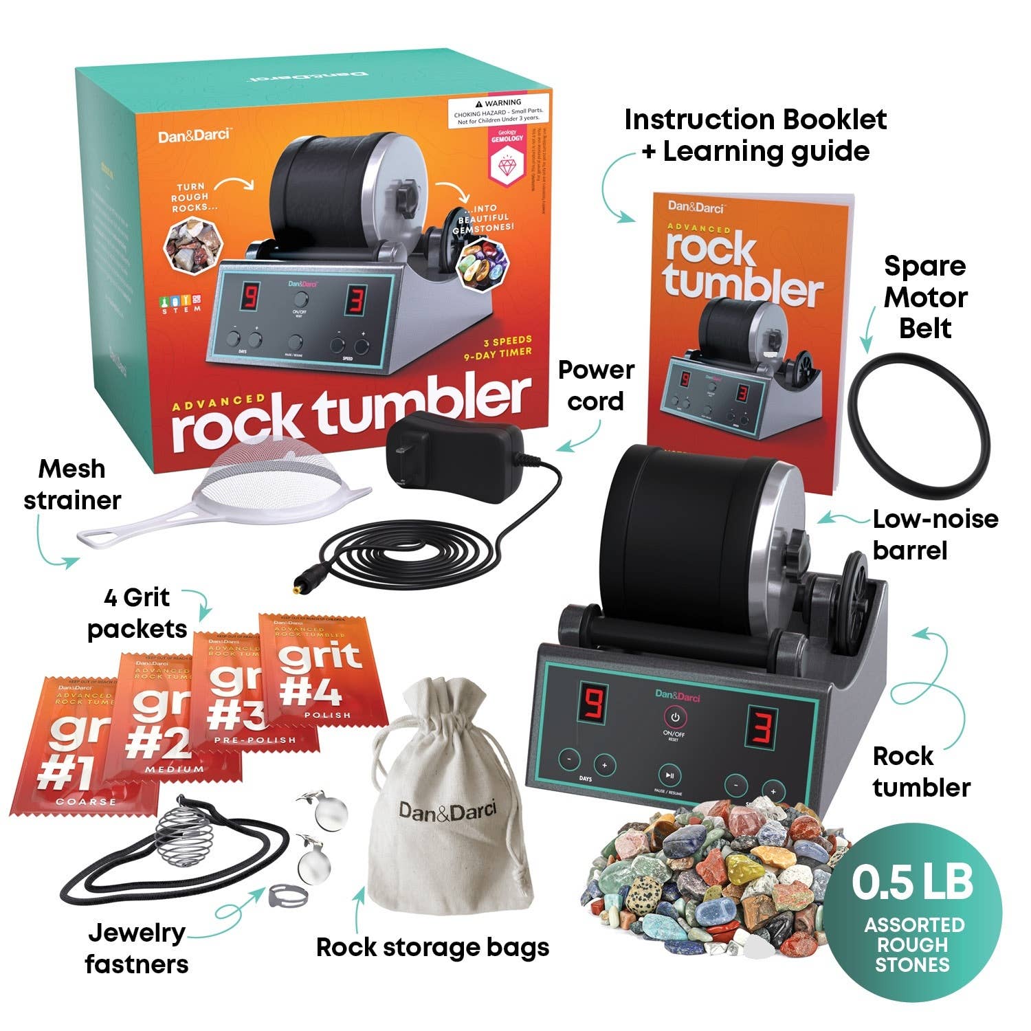 Image of the Advanced Rock Tumbler kit by Dan&Darci. Includes an Advanced Rock Tumbler machine with a digital display, instruction booklet, power cord, spare motor belt, low-noise barrel, storage bags, assorted rough stones for rock tumbling and polished gems, grit packets (1-4), and jewelry fasteners—all laid out around the box.