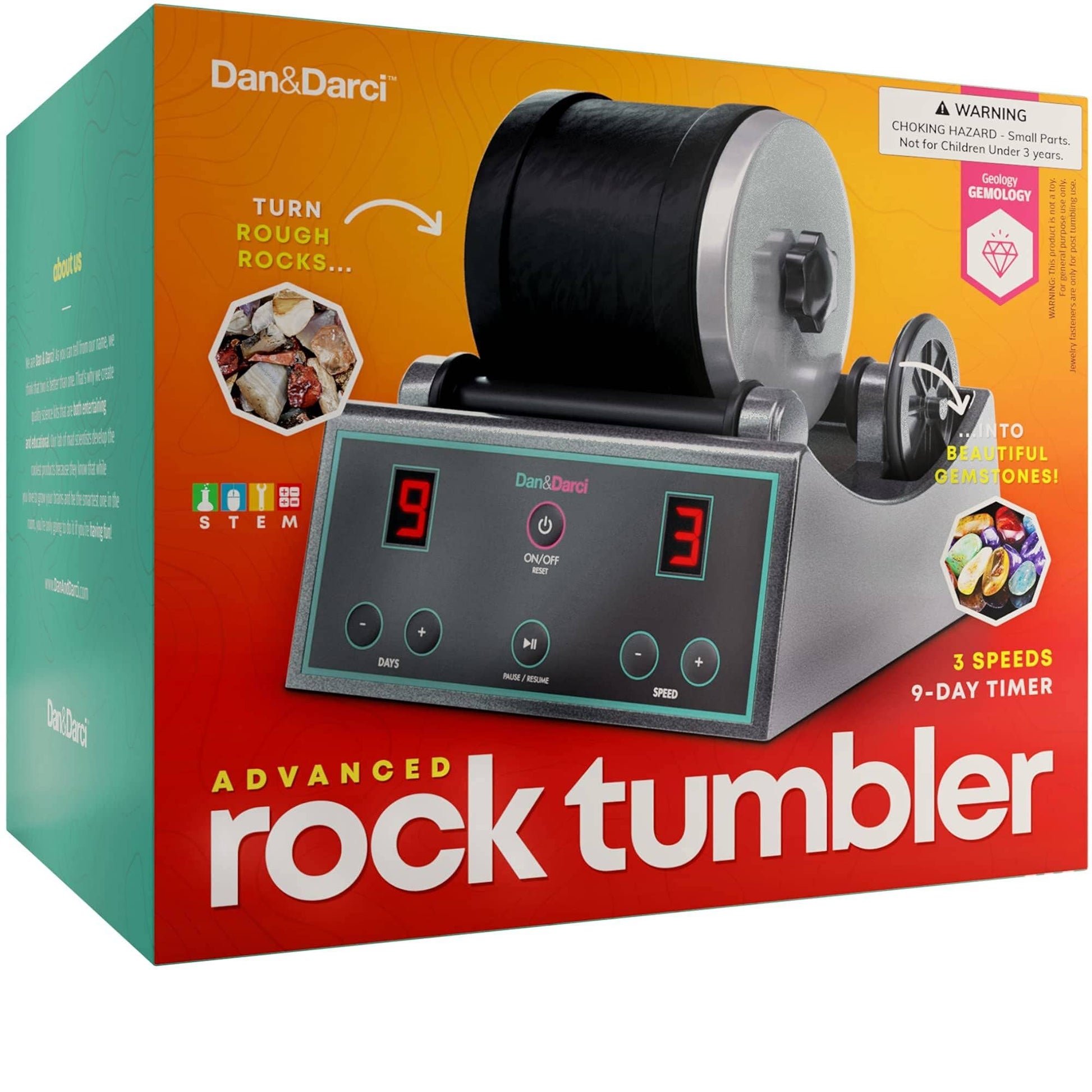 A product image of the Dan&Darci Advanced Rock Tumbler. The box displays the rock tumbling machine with its digital display, which includes timer and speed settings. The text emphasizes its capability to transform rough rocks into polished gems, making it ideal for kids and STEM education.