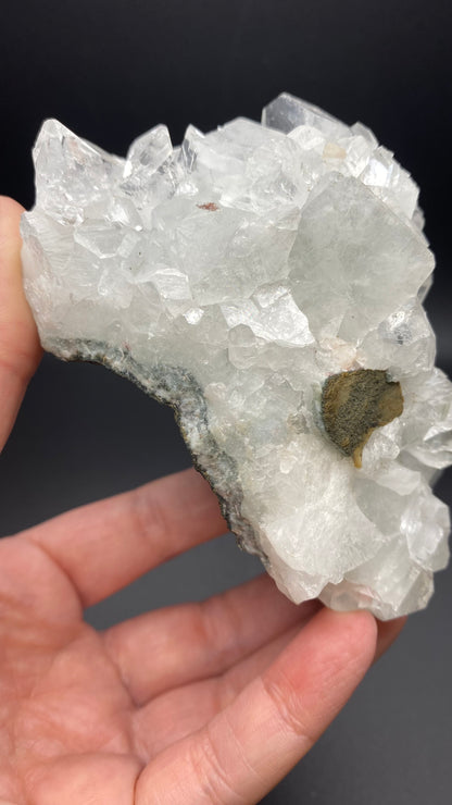 A hand holding a sizeable, translucent white Apophyllite crystal cluster with various small, angular formations from The Crystalary. The base of the Apophyllite- Lonavala Quarry, Pune District, Pune Division, Maharashtra, India piece has a rough, stone-like texture reminiscent of a basalt matrix and features a small, dark mineral inclusion on one side. The background is solid black.