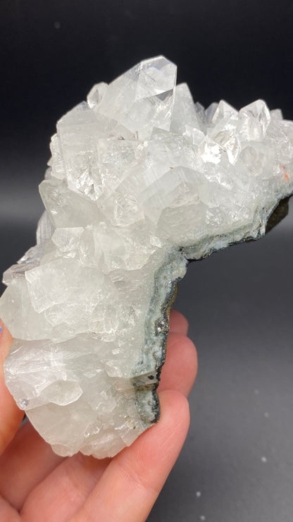 A hand holding a cluster of Apophyllite crystals from the Lonavala Quarry in Maharashtra, India, under The Crystalary brand, against a black background. The crystals, some featuring dark mineral deposits and varying in size, are translucent with a few embedded in a basalt matrix, reminiscent of the renowned specimens from Pune District.