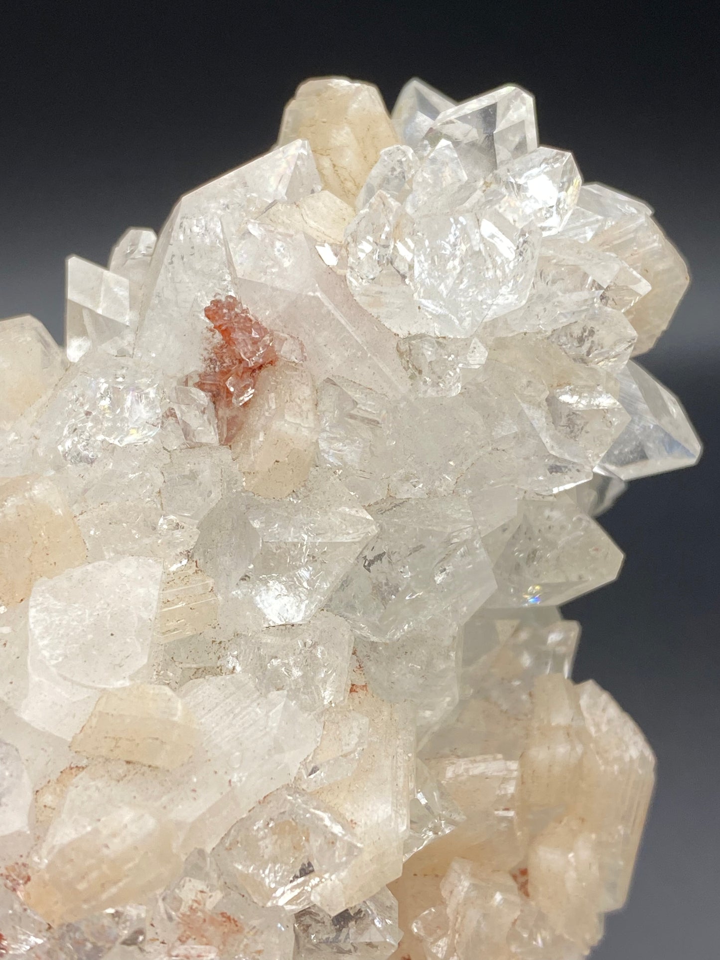 Close-up of a cluster of Apophyllite crystals with interspersed pale Stilbite crystals, featuring both sharp and irregular shapes. The Apophyllite crystals exhibit transparency and a glass-like appearance, resembling the stunning finds from Lonavala Quarry in Pune District, Maharashtra. Some reddish inclusions are visible within the cluster, making this piece from The Crystalary truly unique.