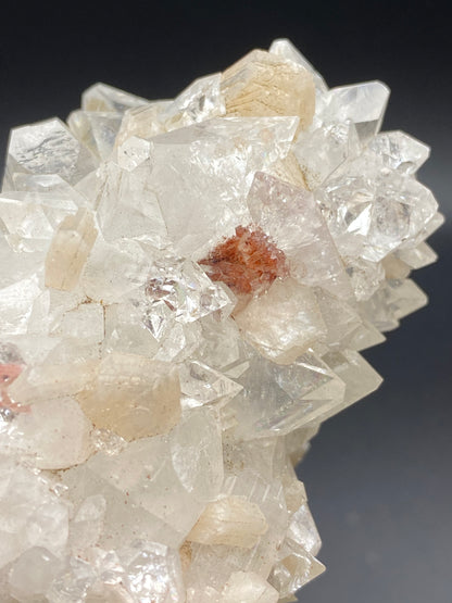 A close-up image of a cluster of Apophyllite crystals from the Lonavala Quarry in Pune District, Maharashtra, India, featuring intricate Stilbite formations. The clear quartz crystals have some reddish-brown inclusions and possess sharp, well-defined edges with a glossy texture. The background is a plain, dark gradient that highlights the intricate details of these beautiful crystals from The Crystalary.