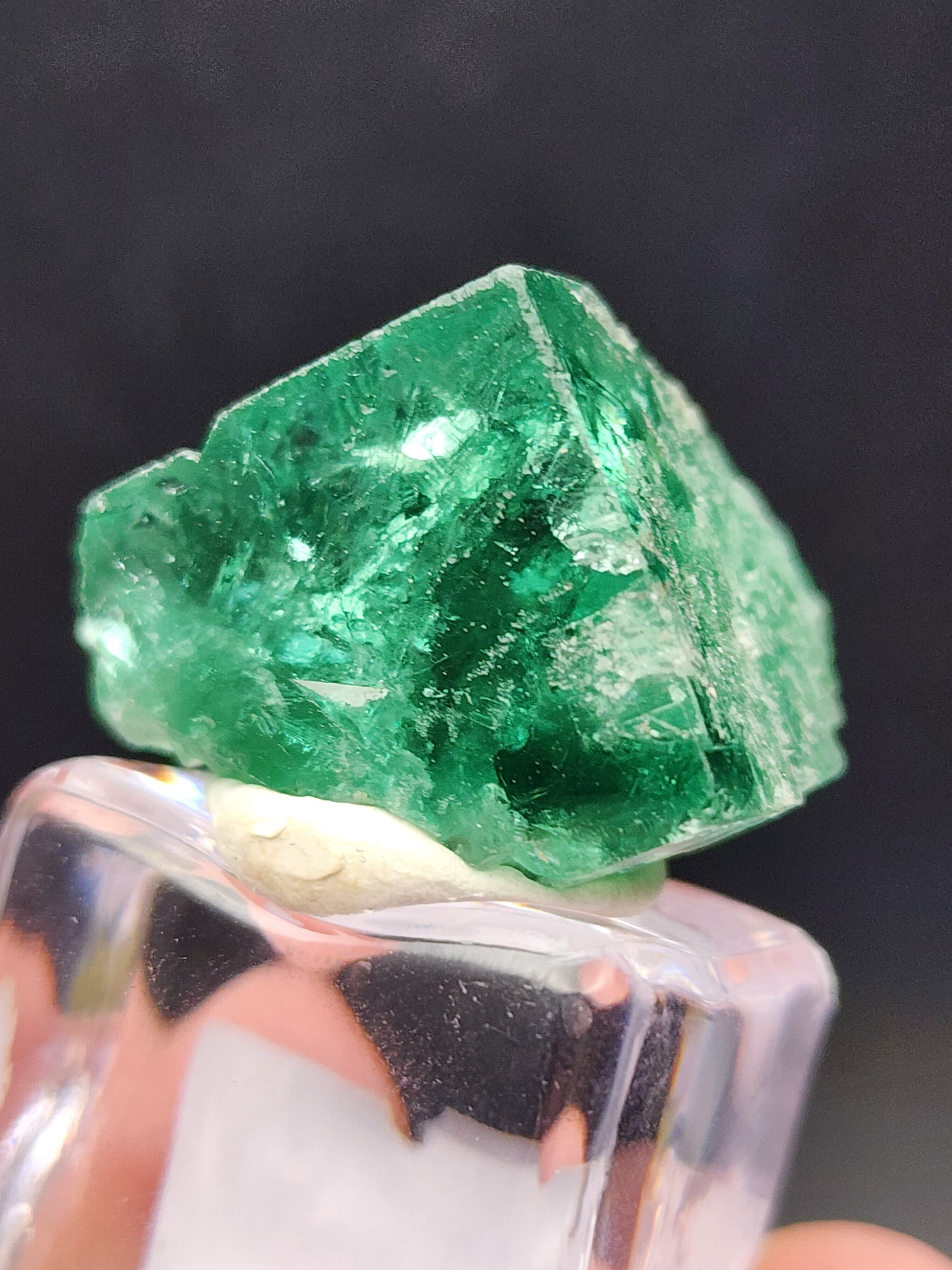 Hand-held close-up of a lustrous green fluorite crystal with a cubic structure, mounted on a small clear stand. The dark background accentuates the vibrant green of the crystal, reminiscent of those from Rogerley Quarry, Stanhope, County Durham, England. This stunning piece is from "AUCTION- 50 year Pocket" by The Crystalary.