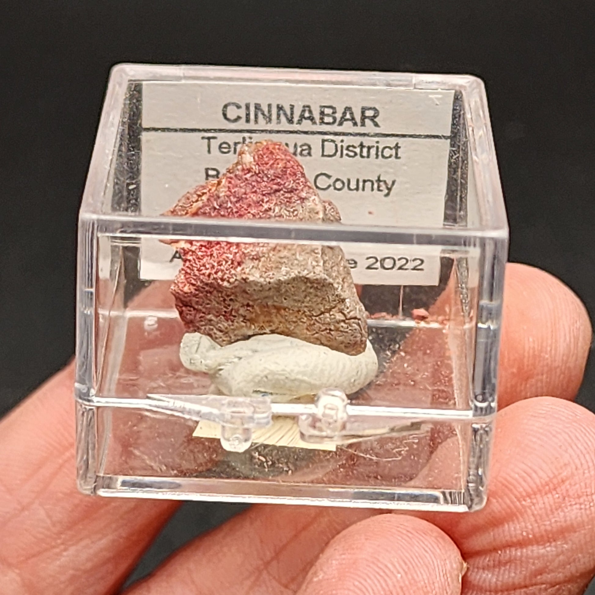 A hand holds a small clear box containing a cinnabar miniature. The label inside the box reads "The Crystalary, AUCTION- Cinnabar- Terlingua District, Brewster County, Texas, USA, Acquired 2022." The cinnabar rock inside appears reddish and rests on a light-colored base.