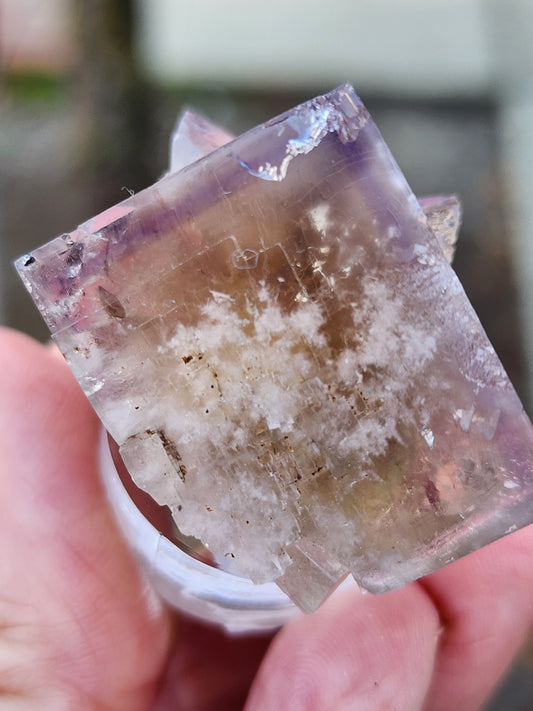 A close-up shot features a person holding an AUCTION- Fluorite from The Crystalary, sourced from Bull Vein in the renowned Lady Annabella Mine, Eastgate, Weardale, Co. Durham, England. This translucent cubic mineral showcases a mix of purple, white, and beige hues with visible internal crystal structures and slightly worn edges. The background is intentionally blurred to draw attention to the fluorite's intricate details.