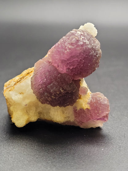 A cluster of purple fluorite mineral crystals with a rough texture is perched on a piece of beige rock. The crystals, sourced from the Navidad Mine in the Indé Municipality of Durango, Mexico, and part of The Crystalary's AUCTION collection, protrude prominently from the rock, exhibiting a rich, vibrant color against a dark background.