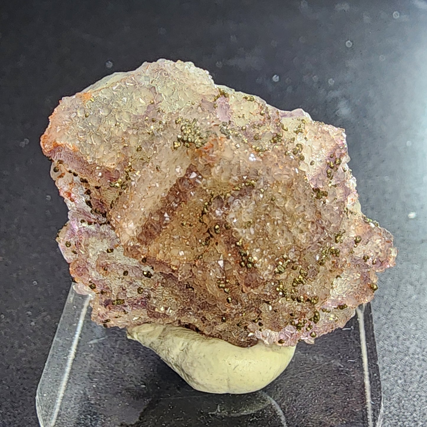 A close-up of The Crystalary's AUCTION Fluorite/Pyrite mini specimen from Hermine Mine in Lissenthan, Nabburg, Schwandorf District, Upper Palatinate, Bavaria, Germany features a cluster of light purple cubic fluorite crystals adorned with small golden pyrite inclusions. The specimen is elegantly displayed on a small stand against a dark background.