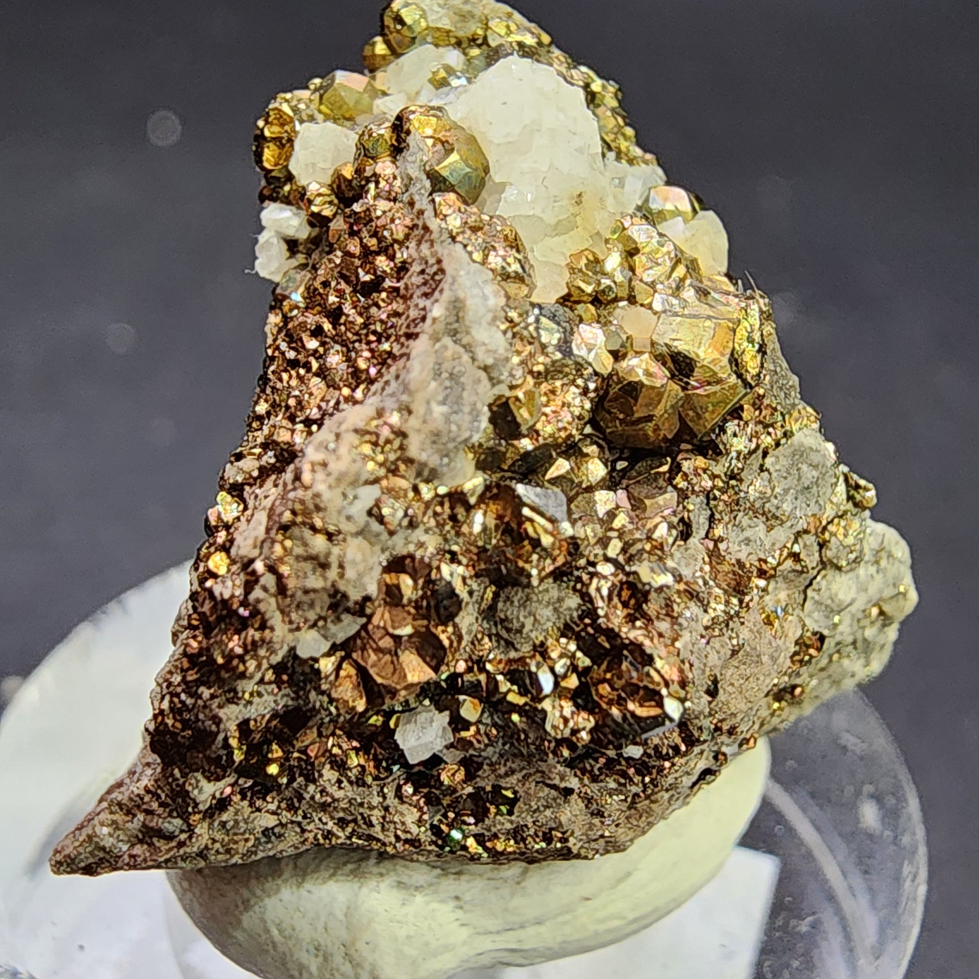 A close-up photograph of a mineral specimen featuring golden cubic crystals of diploid pyrite interspersed with white quartz on a rocky base. The AUCTION Pyrite/Dolomite, sourced from C.E. Duff & Son Quarry in Huntsville, Logan Co., Ohio, USA and offered by The Crystalary, is displayed on a clear stand against a dark background.