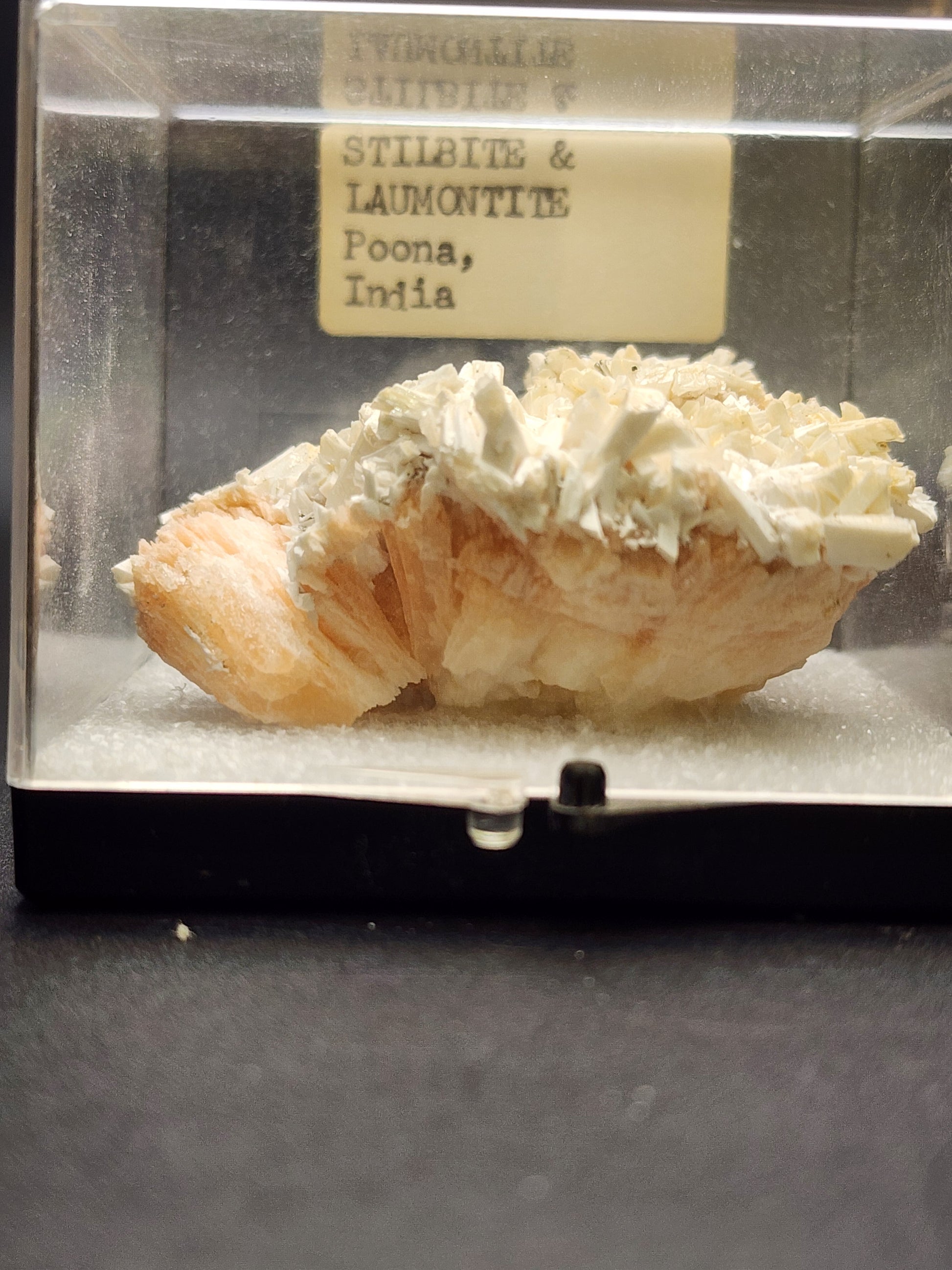 A mineral sample, named "AUCTION - Stilbite and Laumontite - Poona, India" from The Crystalary, is showcased in a clear plastic case with a black base. The Stilbite and Laumontite minerals feature a white and slightly pinkish crystalline structure. Although the label text appears slightly blurred, it remains legible.