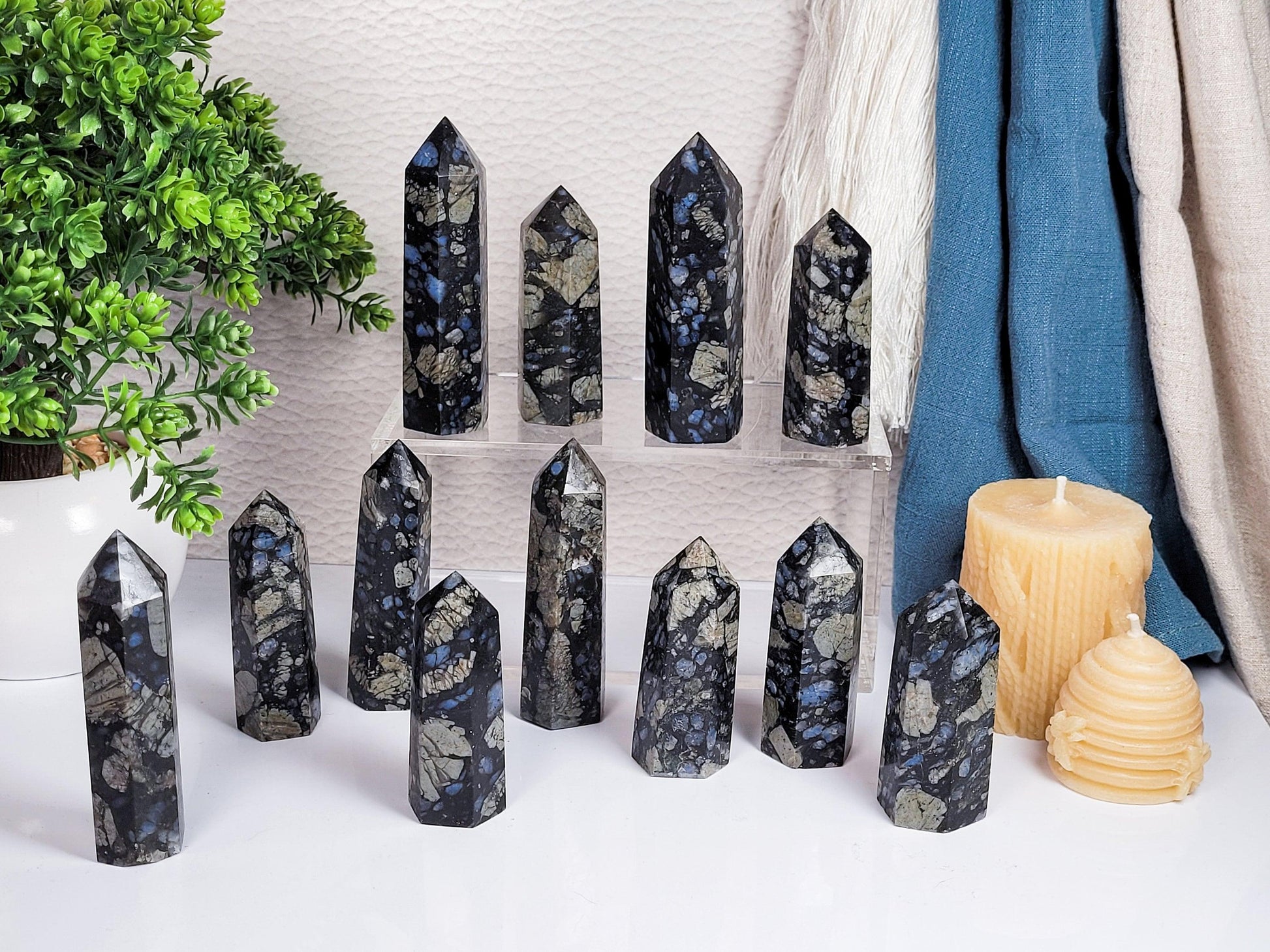 A collection of eleven polished Blue Que Sera Llanite Points from The Crystalary is displayed on a white surface, showcasing their black and blue speckled patterns. They are intuitively chosen and arranged on a clear stand, clustered in front. In the background, green foliage, a beige pillar candle, and a honeycomb candle add to the aesthetic.