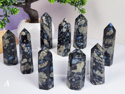 Several polished Blue Que Sera Llanite Points by The Crystalary, featuring a black base color and grayish-blue speckles, stand on a white surface with a small, intuitively chosen tree in a white pot in the background. The letter "A" is visible in the bottom left corner.