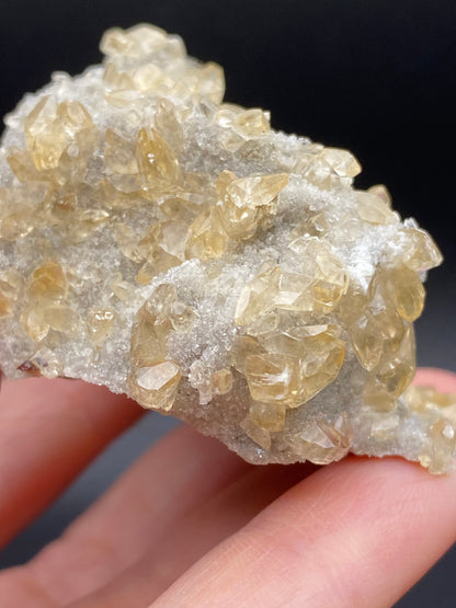 Close-up of a hand holding a grayish rock featuring numerous small, translucent yellowish crystals of Calcite interspersed with tiny quartz and sphalerite crystals. The dark background contrasts beautifully with the sparkling texture and color of these minerals from The Crystalary's Calcite, Quartz and Sphalerite collection from Elmwood Mine, Carthage, Smith County, Tennessee.