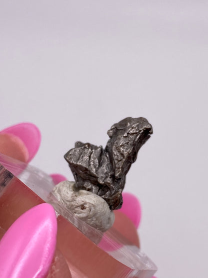 A close-up image showcases a hand with pink fingernails holding a small piece of gray, metallic mineral from The Crystalary's Campo del Cielo Meteorite collection. This iron meteorite, specifically from Gancedo in the Doce de Octubre Department of Chaco Province, Argentina, is displayed on a clear acrylic stand and secured with a small amount of white putty. The meteorite’s irregular and rough surface is captured against a neutral background.