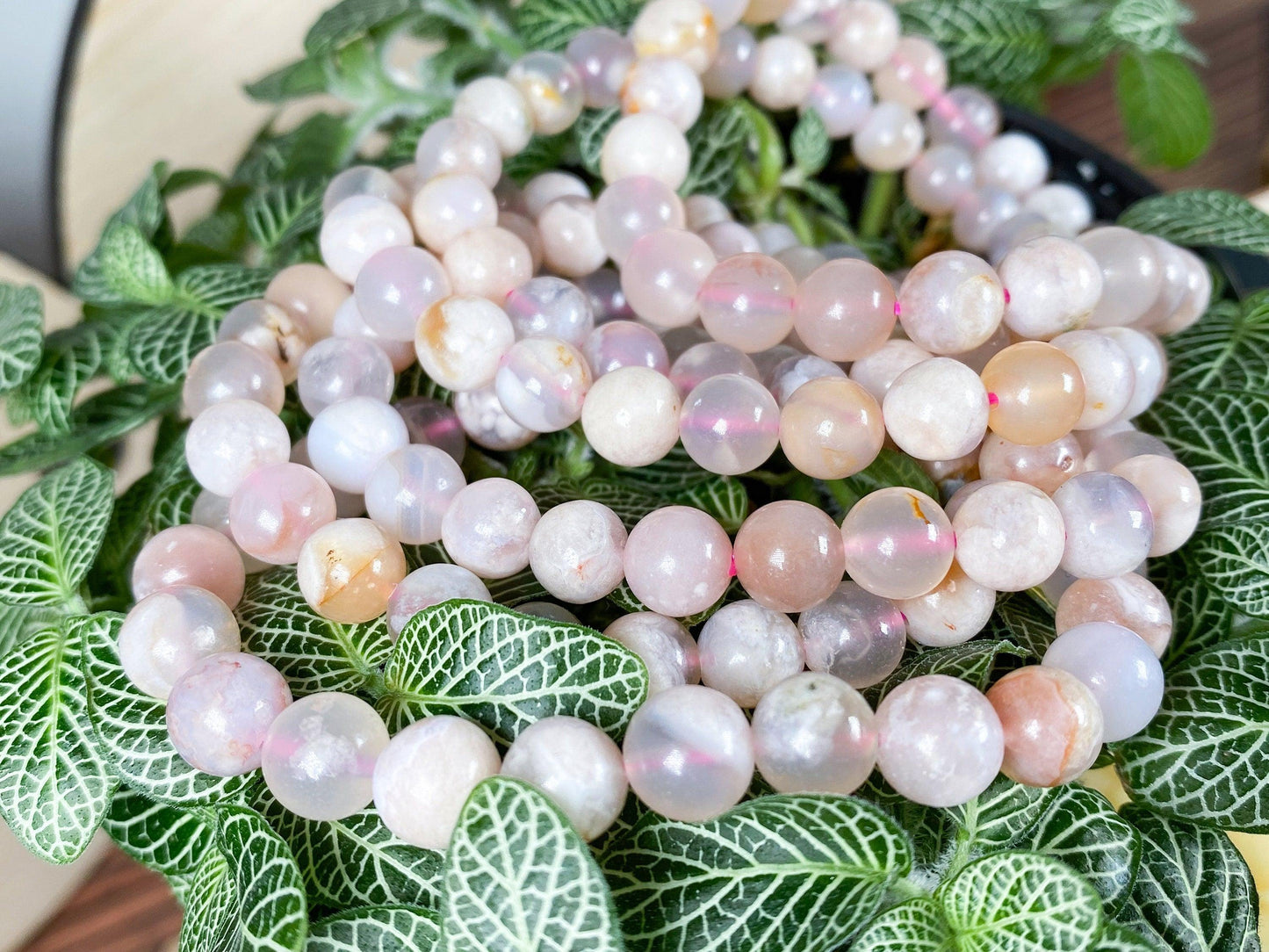 A close-up of The Crystalary's Cherry Blossom Flower Agate Crystal Bracelet, beautifully crafted with smooth, spherical stones in pink and white hues, resting on a bed of green and white-veined leafy plants. These semi-precious stones showcase a variety of soft pastel colors ideal for balancing the heart chakra.