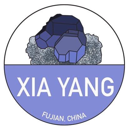 A circular logo featuring blue gemstones in a clustered design on a textured background. Below the gemstones, the name "The Crystalary" is written in bold letters. At the very bottom, "Chinese Passport Stickers from Fujian, China" is displayed. The full-color logo is primarily shades of blue and white, reminiscent of fluorite gemstones.