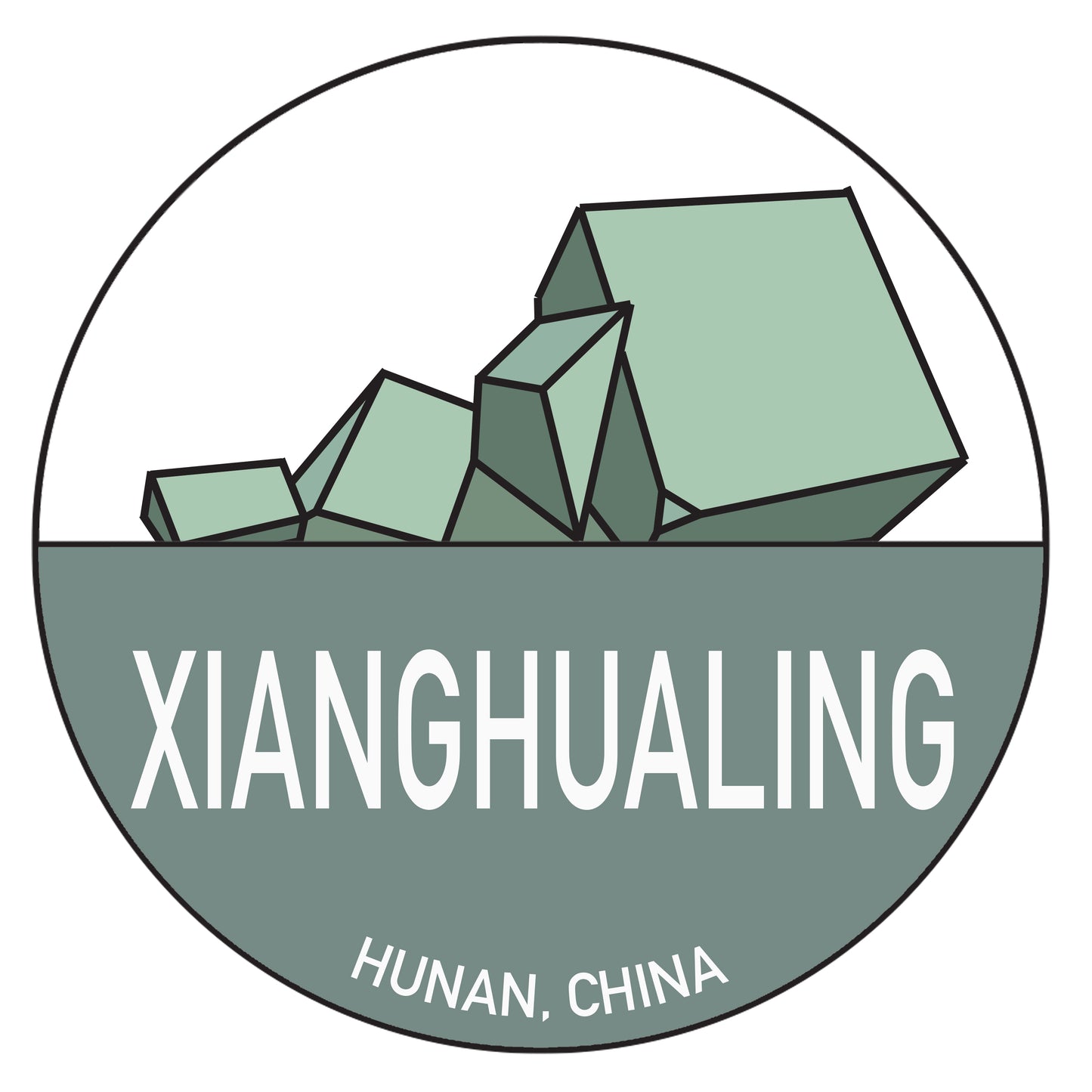 A circular logo showcasing geometric green overlapping cubes dominates the top half, with the text "XIANGHUALING" prominently displayed in large letters at the center. Smaller text reading "HUNAN, CHINA" adorns the bottom portion. The design's simplicity and stylization make it ideally suited for The Crystalary's Chinese Passport Stickers or a Fluorite Passport.