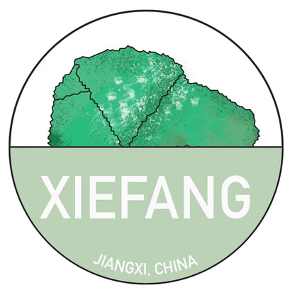 The Crystalary's Chinese Passport Stickers showcase a circular logo with a green map of Xiefang Town, Jiangxi, China on a white background in the upper half. The lower half, set against a light green backdrop, features "XIEFANG" in large white letters and "JIANGXI, CHINA" in smaller white letters underneath. Perfect for stickers!