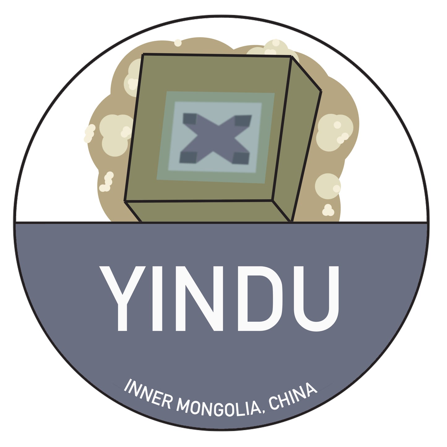 Illustration of a stylized map marker with a central square structure and an 'X' inside, situated within a circular frame. The upper half depicts a terrain-like background, while the lower half is blue with the text "YINDU" and "INNER MONGOLIA, CHINA" at the bottom. Perfect as full-color Chinese Passport Stickers from The Crystalary for your Fluorite Passport.