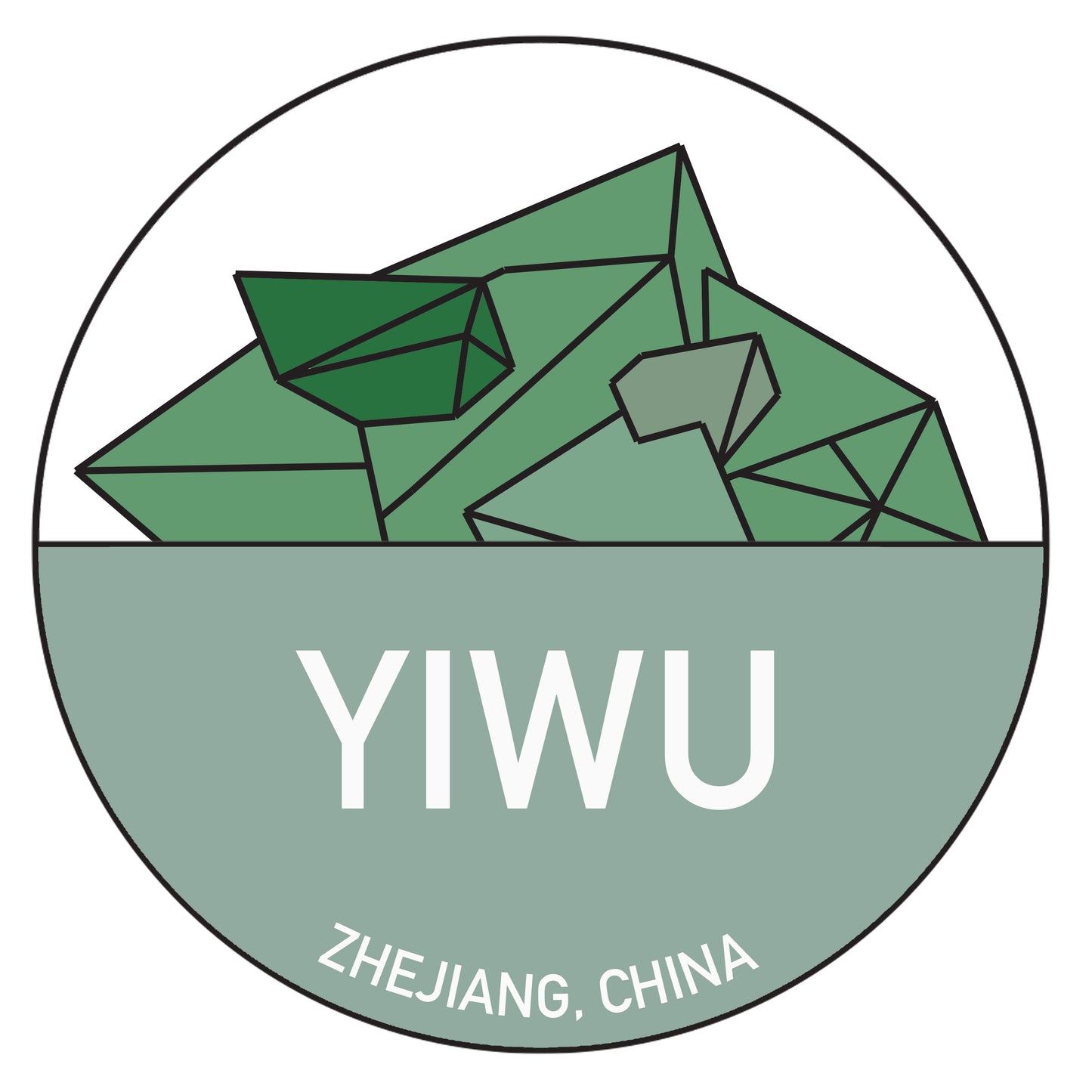 A circular graphic features green geometric shapes at the top, reminiscent of mountains. Below, the text reads "YIWU" in large letters and "ZHEJIANG, CHINA" in smaller letters, both in white on a muted green background. This vibrant design would make stunning full-color stickers for your Chinese Passport Stickers collection by The Crystalary.