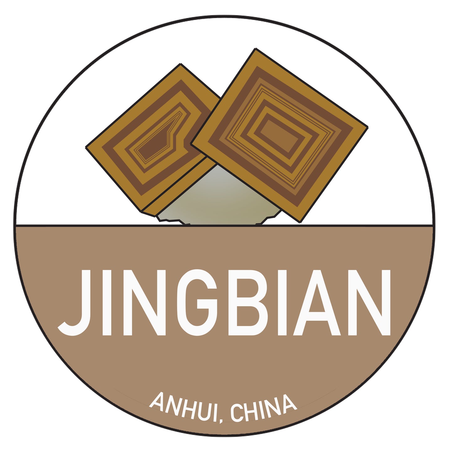 A circular logo features "JINGBIAN" in large white text with "ANHUI, CHINA" below it. Above the text, two brown and beige geometric shapes with labyrinth-like patterns converge at the center. The full-color background, divided into white and light brown sections, resembles a high-quality Chinese Passport Sticker from The Crystalary's collection.