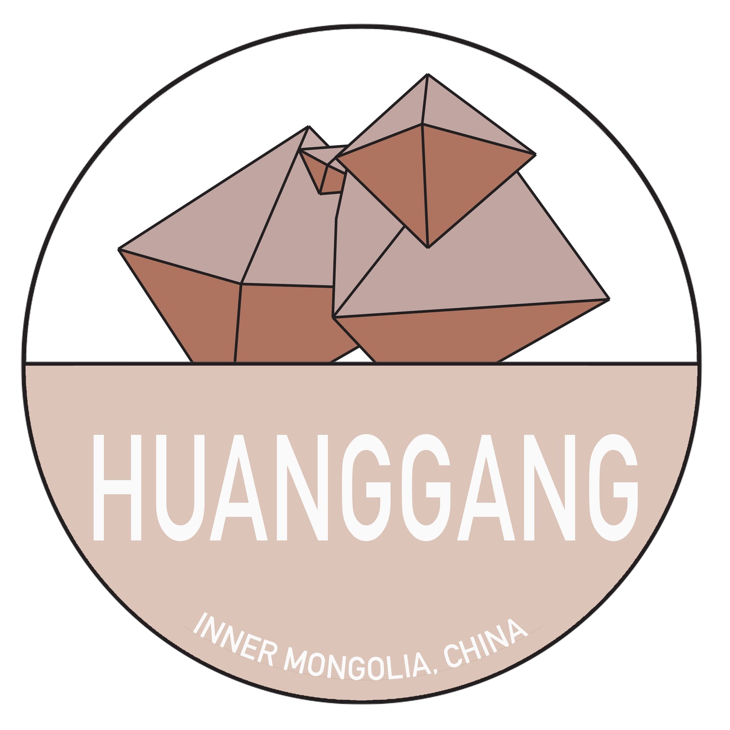 A circular logo for The Crystalary's Chinese Passport Stickers features geometric, angular shapes resembling minerals or crystals at the top, rendered in full color. Below the shapes, the text reads "HUANGGANG" in bold, uppercase letters, with "INNER MONGOLIA, CHINA" in smaller uppercase letters beneath it. Perfect for stickers!