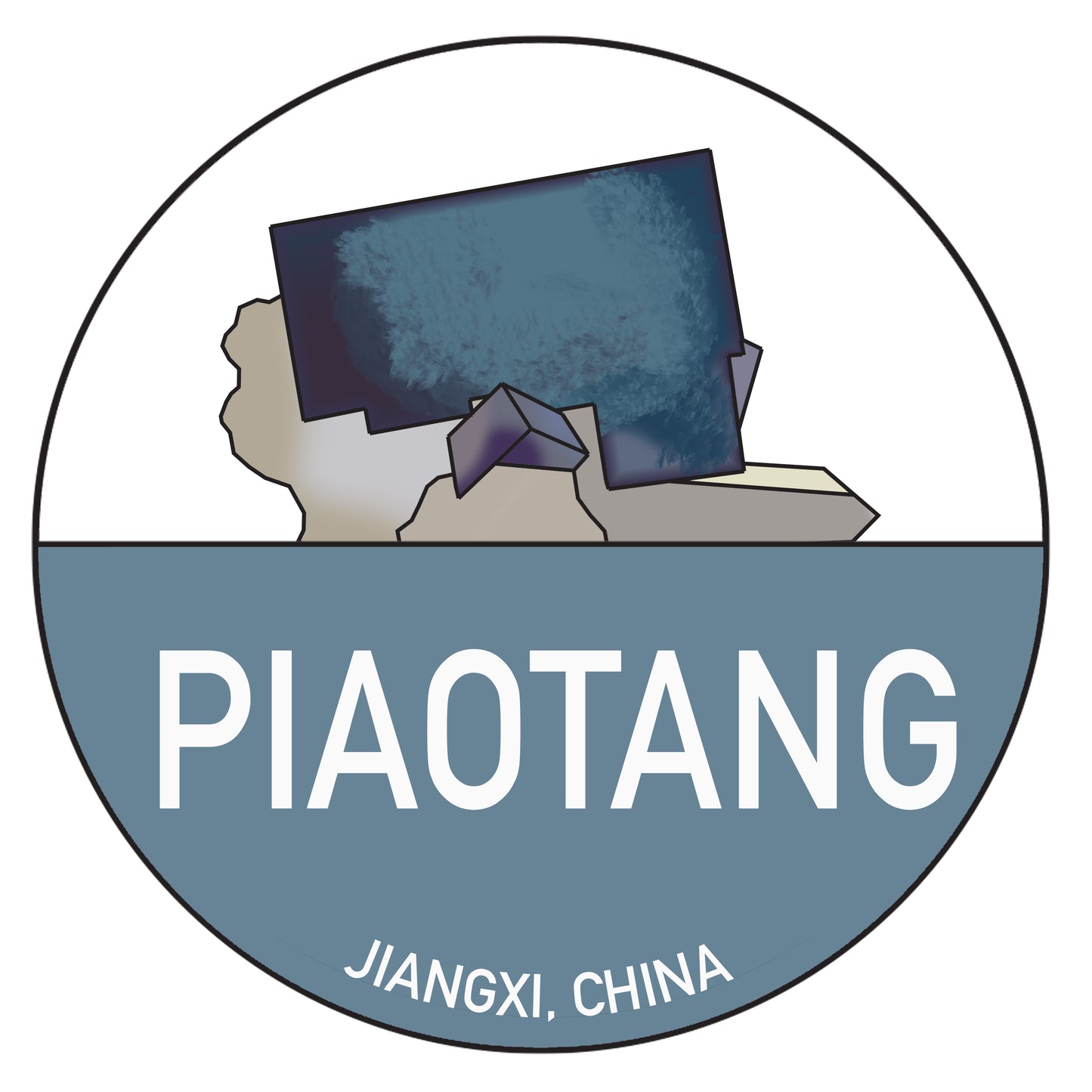 Illustration of a mineral cluster inside a circle. The lower half of the circle is filled with a vibrant blue color, featuring the text "PIAOTANG" in bold white letters. Below it, the words "JIANGXI, CHINA" are displayed in smaller white text, reminiscent of The Crystalary's Chinese Passport Stickers.