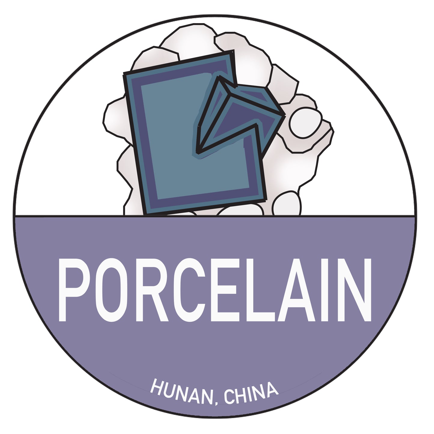 A circular logo showcasing "Porcelain" in prominent, bold letters in the lower half, with "Hunan, China" inscribed below. The top half features a stylized depiction of porcelain shards. The background is partitioned into white (top) and lavender (bottom) sections, evocative of the full-color Chinese Passport Stickers from The Crystalary.