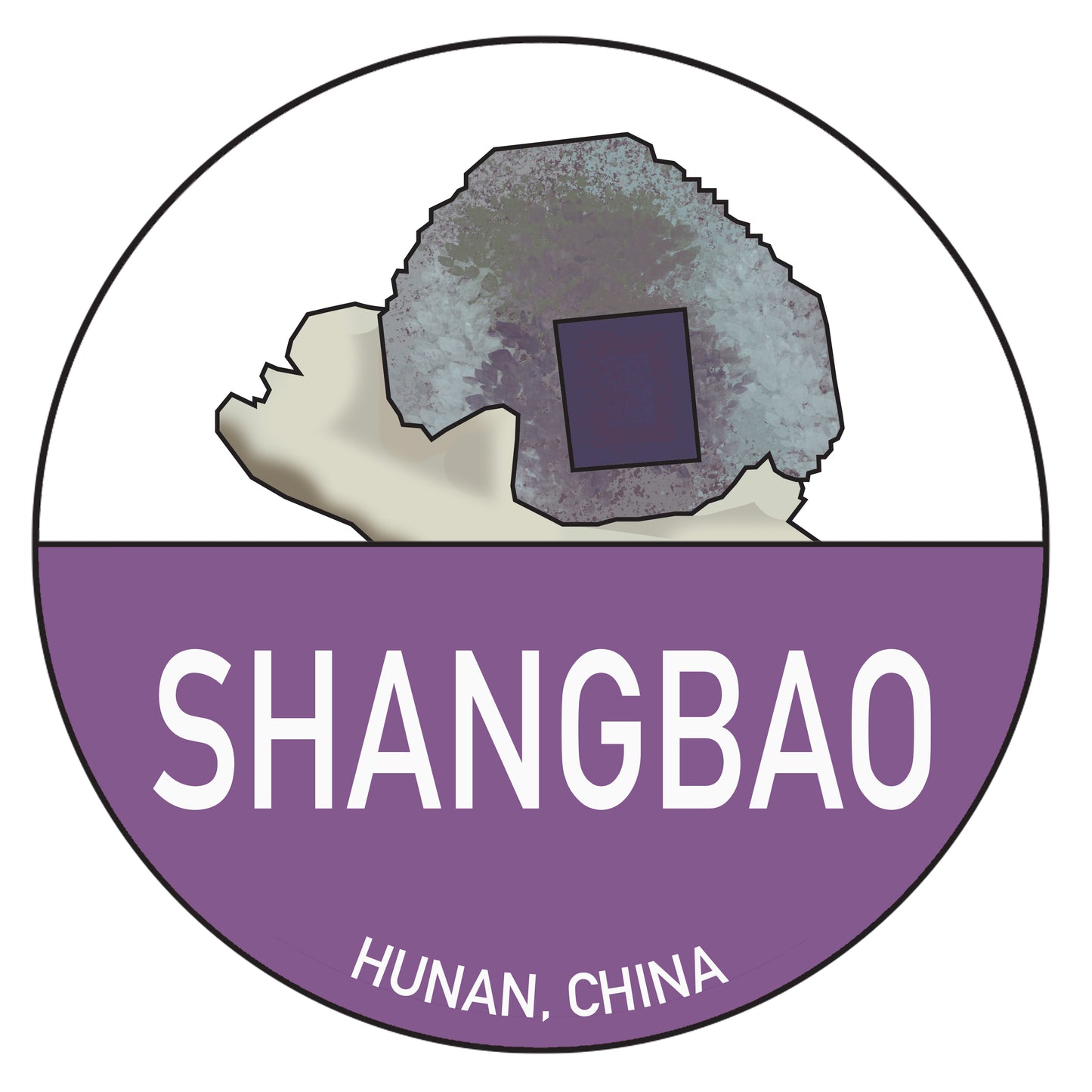 A circular logo showcases a vibrant full-color illustration of a large crystal at the top, accompanied by a slightly off-center purple rectangle. The lower half of the logo is adorned in purple with "SHANGBAO" in bold white text, and beneath it, "HUNAN, CHINA" appears in a smaller font. This design would make stunning Chinese Passport Stickers for your Fluorite Passport collection from The Crystalary.