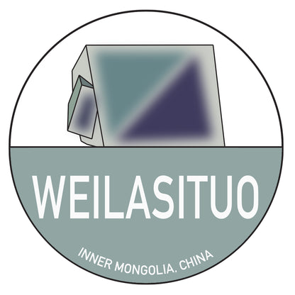 The Chinese Passport Stickers from The Crystalary feature a geometric illustration of a modern building within a circular frame. The lower half of the circle contains the text "WEILASITUO" in large font and "INNER MONGOLIA, CHINA" in smaller font. Rendered in full color with shades of green and grey, these stickers are perfect for personalizing your items or decorating a Fluorite Passport design.