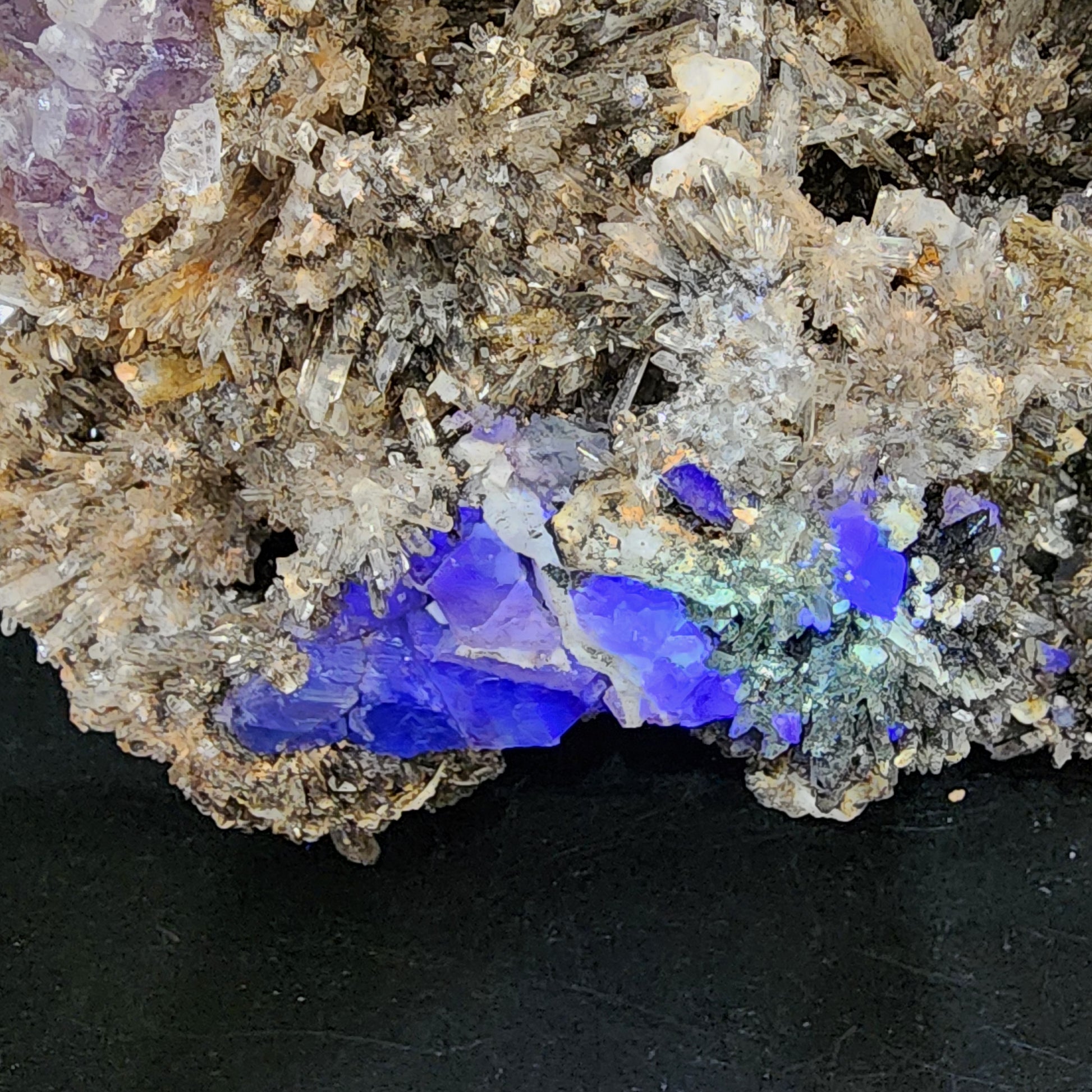 A close-up view of a Creedite mineral formation from the Navidad Mine in Inde Municipality, Durango, Mexico, featuring rough, irregular clusters of small, clear and pale yellowish crystals. Prominently visible are striking purple and blue Fluorite crystals embedded within the formation, creating a vibrant contrast against the darker background. Available from The Crystalary.