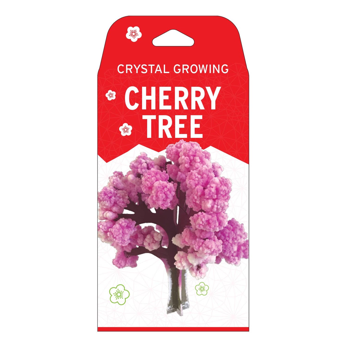 The Copernicus Toys "Crystal Growing Cherry Tree" Craft Kit Science Kit showcases a pink and purple crystal tree on a white and red background. Designed with geometric patterns and flower icons, this DIY kit makes an excellent addition to science gifts, igniting curiosity and creativity.