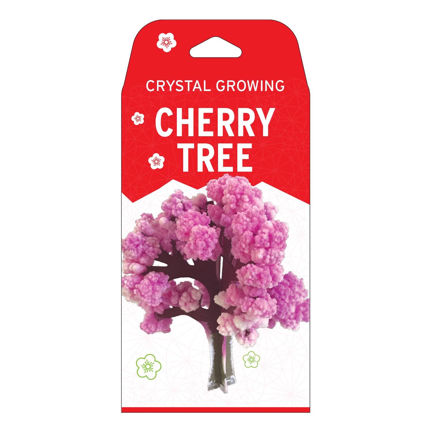 The Copernicus Toys "Crystal Growing Cherry Tree" Craft Kit Science Kit showcases a pink and purple crystal tree on a white and red background. Designed with geometric patterns and flower icons, this DIY kit makes an excellent addition to science gifts, igniting curiosity and creativity.