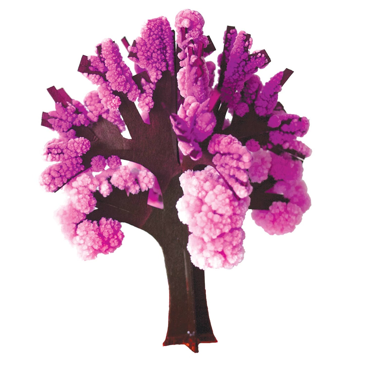 The Crystal Growing Cherry Tree by Copernicus Toys features a dark brown trunk and vibrant pink, spongy-looking foliage that resembles a frosted or crystallized appearance. Perfect as a science gift, its branches are densely covered with the pink material, creating an eye-catching visual display.