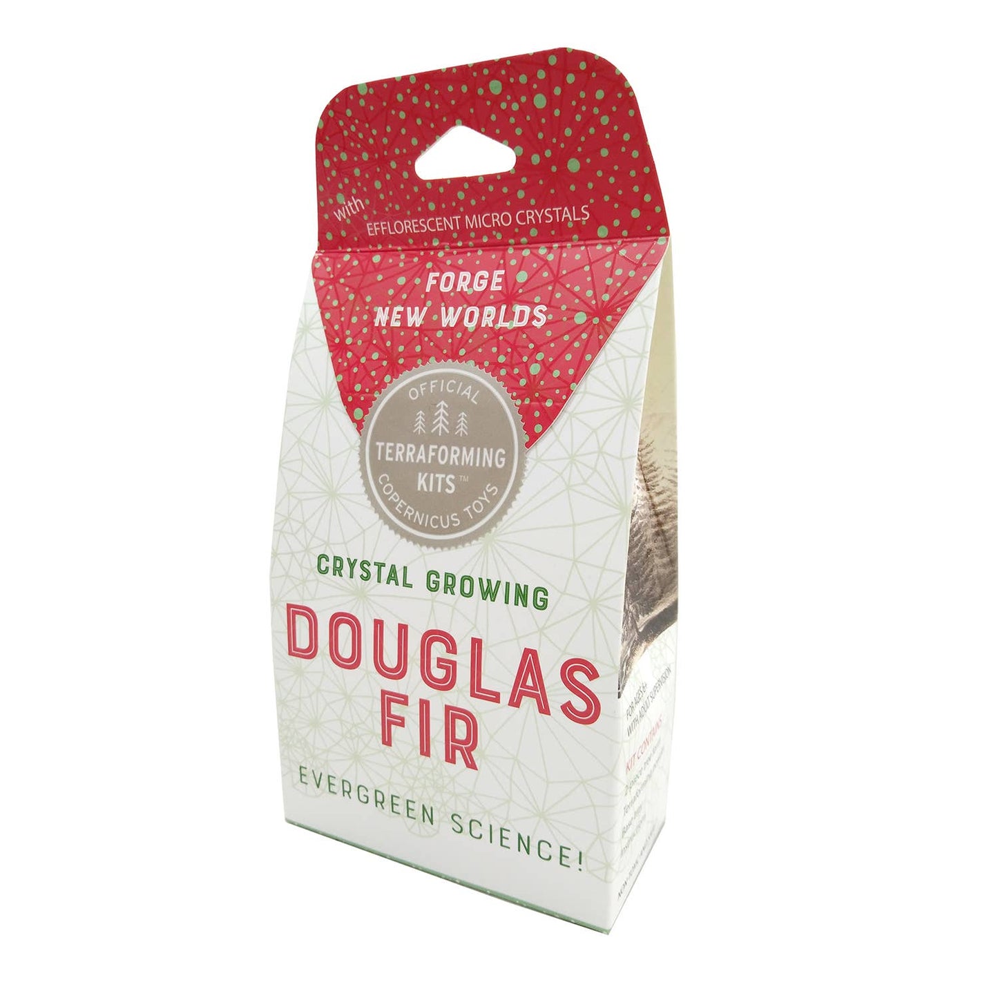 A boxed kit labeled "Crystal Growing Douglas Fir" from Copernicus Toys, featuring a red and white design. The text includes "Forge New Worlds" and "Official Terraforming Kits." The box promotes evergreen science and showcases efflorescent micro crystals—an ideal science gift for anyone passionate about STEAM.