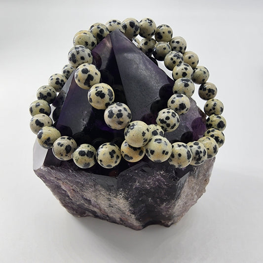 A Dalmatian Jasper Crystal Bracelet by The Crystalary, featuring speckled beads, is elegantly draped around a large, dark purple amethyst crystal cluster. This combination not only creates a striking contrast but also promotes devotion and balances chaotic energy with its harmonious blend of semi-precious stones.