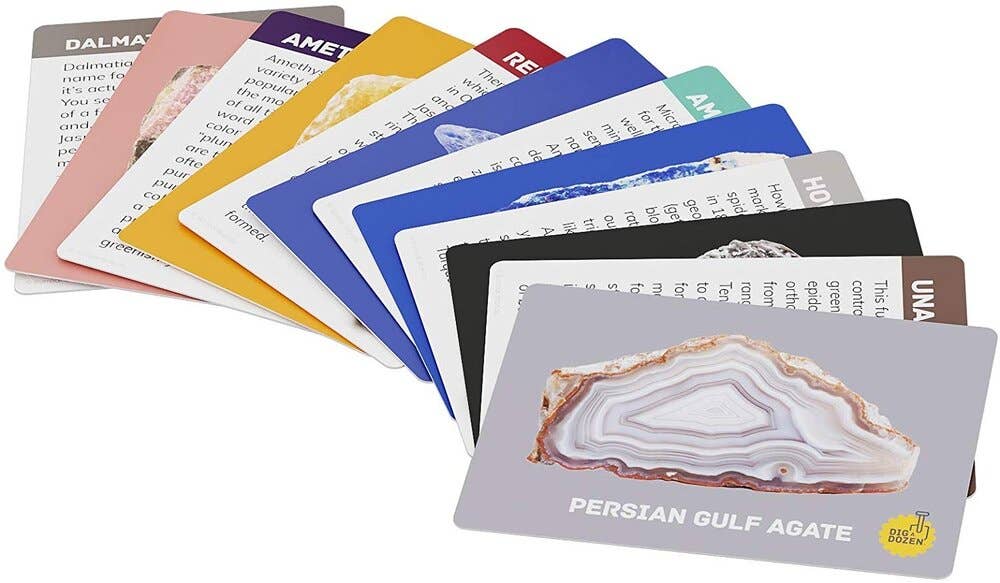 A fanned-out set of vibrant gem learning cards accompanies the Dig a Dozen Gem Blocks by Dan&Darci, each showcasing a unique rock sample, description, and photo. The top card is labeled "Persian Gulf Agate" and displays an image of an agate with mesmerizing layered bands. These authentic gems turn mineral education into an exciting and enjoyable experience.