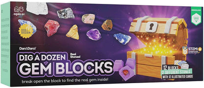 Image of the "Dig a Dozen Gem Blocks" toy set by Dan&Darci. The purple packaging features 12 unique real gems and an illustration of a light-emitting treasure chest. This STEM authenticated set includes 12 blocks, gem learning cards, and is suitable for ages 6 and up.