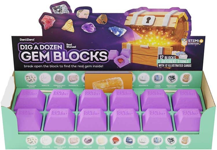 A display box for the Dan&Darci "Dig a Dozen Gem Blocks" toy set reveals 12 purple gem-shaped blocks, each containing unique real gems to be excavated. The packaging showcases colorful gemstones, a treasure chest illustration, and includes 12 gem learning cards for an educational experience.