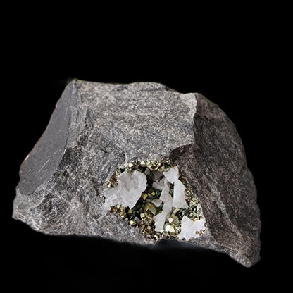 The Duff Quarry Pyrite in Silurian dolostone from The Crystalary features a rough, dark gray rock with a large cavity that reveals clusters of metallic, golden pyrite crystals and white quartz formations inside. The contrast between the Silurian dolostone outer surface and the sparkling interior is striking against its solid black background.