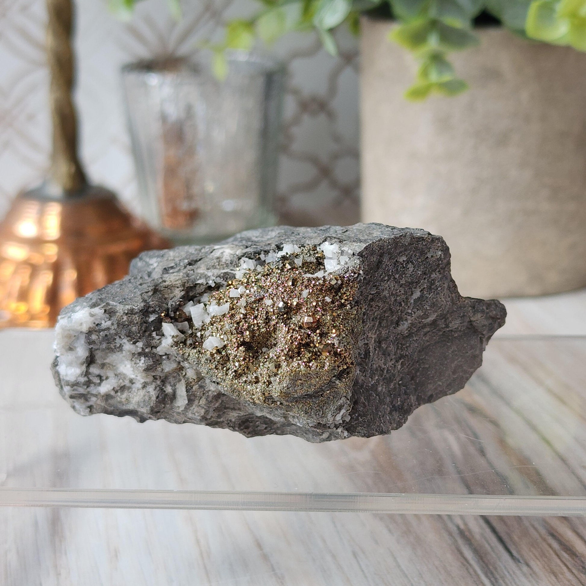 A Duff Quarry Pyrite in Silurian dolostone from The Crystalary is elegantly displayed on a clear stand. A sparkly, gold-colored area of Pyrite gleams in the middle, surrounded by a mix of white and dark gray minerals. The background features a blurred lamp, decorative vase, and potted plant. This exquisite specimen showcases the rare beauty of diploid crystals embedded within Silurian dolostone.