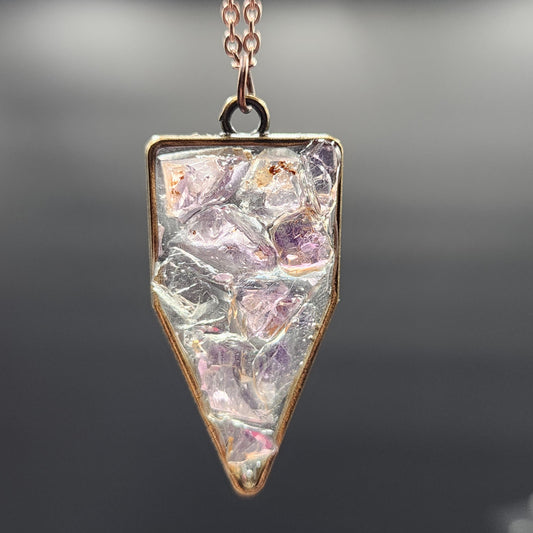 Fluorite Aged Brass & Copper Pentagon Necklace, Cave In Rock, UV - - The Crystalary