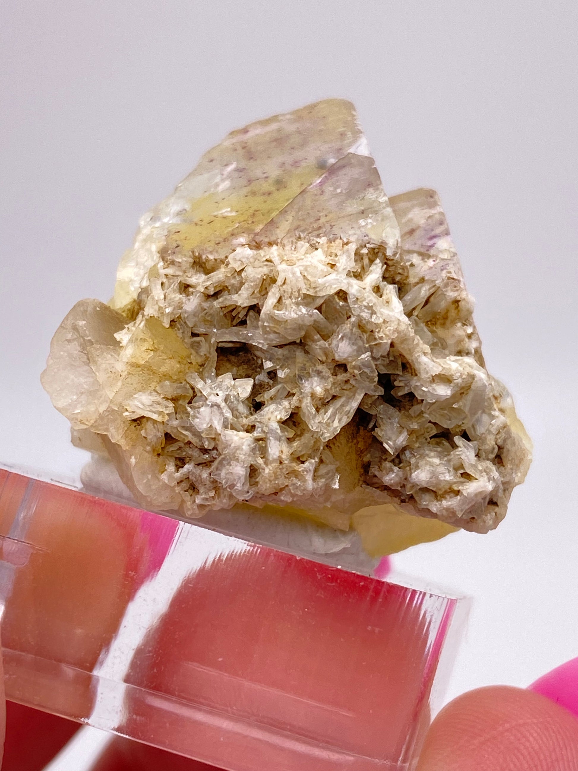 Close-up of a hand holding a Fluorite specimen from The Crystalary's collection, specifically sourced from the Annabel Lee Mine in Harris Creek, Hardin County, Illinois. The mineral showcases a harmonious blend of clear, white, and pale yellow fluorite crystalline structures with a rough and jagged texture. The plain and out-of-focus background accentuates the intricate details of this exquisite gem.