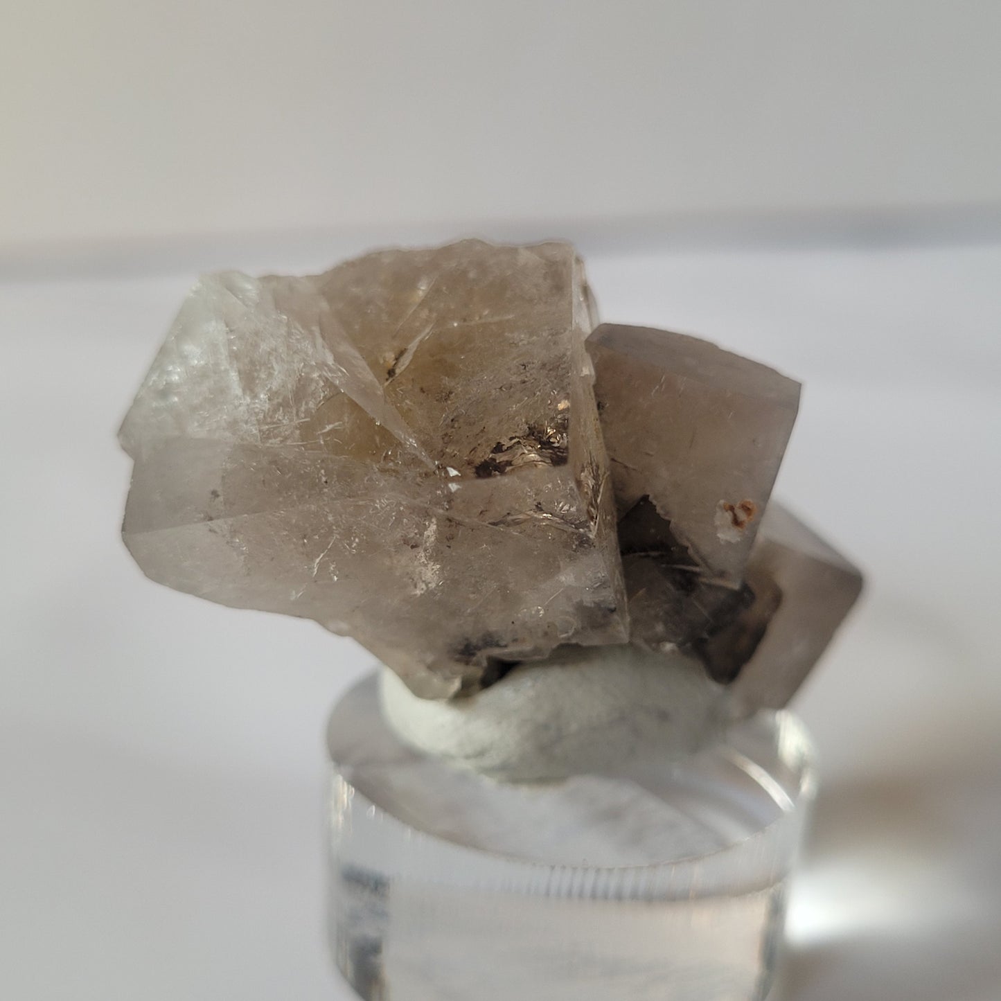 Close-up of a transparent gray fluorite cluster, potentially Bull Vein twin crystals from Lady Annabella, Co. Durham, England, on a clear circular display stand against a plain background. The crystals have a slightly smoky hue and exhibit sharp, well-defined edges. Tiny inclusions can be seen within the clear fluorite crystals. This exquisite piece is offered by The Crystalary.